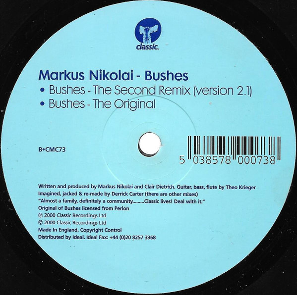 Markus Nikolai - Bushes, Electronic, Deep House, House, Techno, 2000 - Classic, UK, Vinyl 1x 12", 33 ⅓ RPM