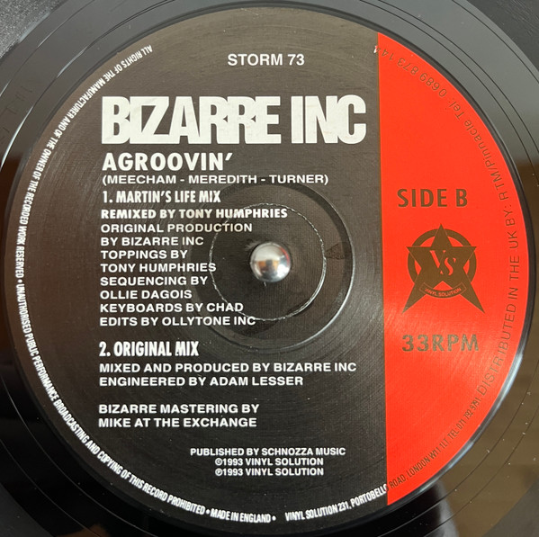 Bizarre Inc - Agroovin', Electronic, House, 1993 - Vinyl Solution, UK, Vinyl 1x 12", 33 ⅓ RPM