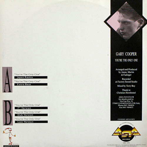 Gary Cooper - You're The Only One, Electronic, Eurobeat, Hi NRG, 1989 - Asia Records, Italy, Vinyl 1x 12", 45 RPM