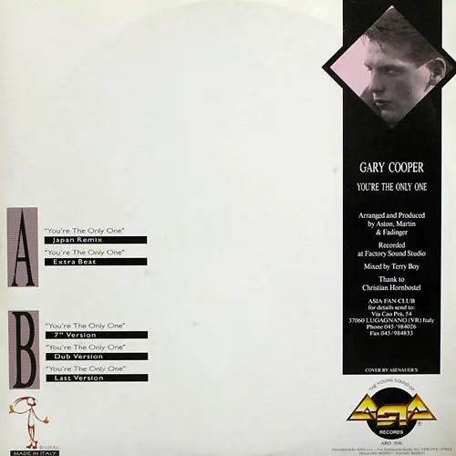 Gary Cooper - You're The Only One, Electronic, Eurobeat, Hi NRG, 1989 - Asia Records, Italy, Vinyl 1x 12", 45 RPM