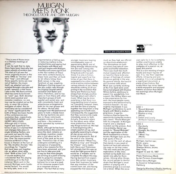 Thelonious Monk And Gerry Mulligan - Mulligan Meets Monk, Jazz, Bop, Cool Jazz, 1979 - Riverside Records, Germany, Vinyl 1x L