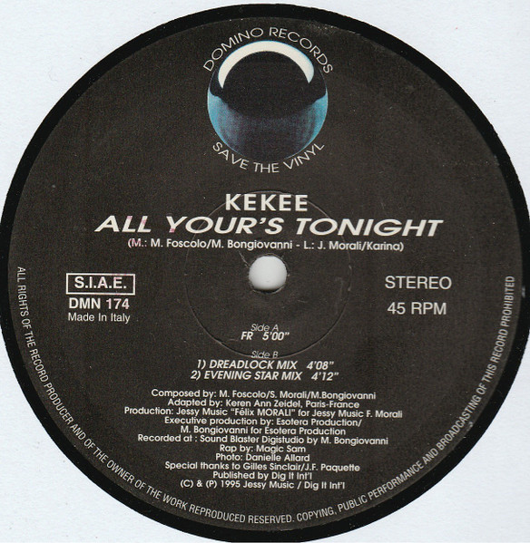 Kekee - All Yours Tonight, Electronic, Italodance, 1995 - Domino Records (10), Italy, Vinyl 1x 12", 45 RPM, Stereo