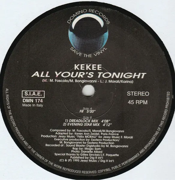 Kekee - All Yours Tonight, Electronic, Italodance, 1995 - Domino Records (10), Italy, Vinyl 1x 12", 45 RPM, Stereo
