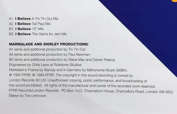 E'voke - I Believe, Electronic, House, 1994 - FFRR, UK, Vinyl 1x 12", 33 ⅓ RPM