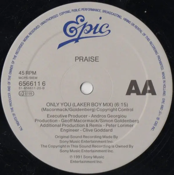 Praise Featuring Miriam Stockley - Only You, Electronic, Downtempo, 1991 - Epic, MPM Recordings, UK, Vinyl 1x 12", 45 RPM, Si