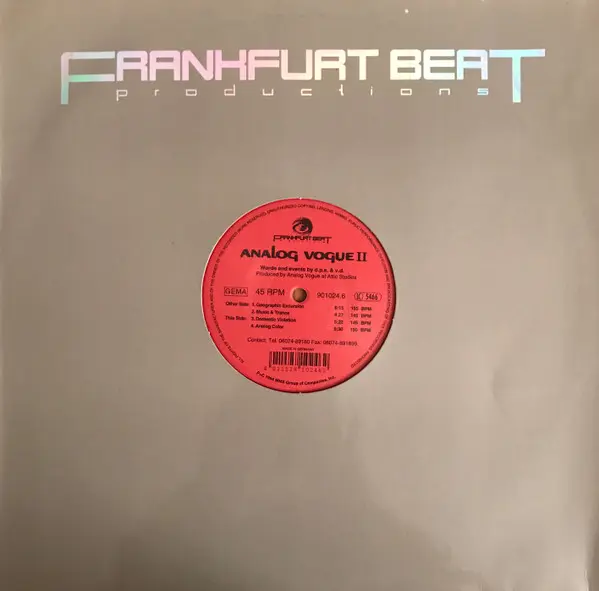 Analog Vogue - Geographic Excursion, Electronic, Hard Trance, Progressive Trance, 1994 - Frankfurt Beat Productions, Germany,