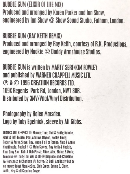 One True Parker - Bubble Gum, Electronic, Drum n Bass, 1996 - Creation Records, UK, Vinyl 1x 12", 45 RPM