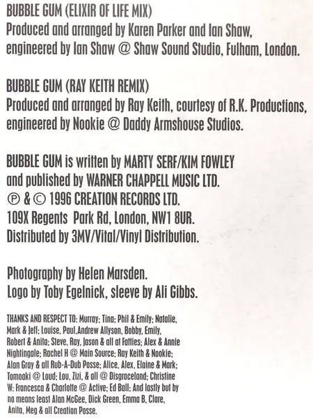 One True Parker - Bubble Gum, Electronic, Drum n Bass, 1996 - Creation Records, UK, Vinyl 1x 12", 45 RPM