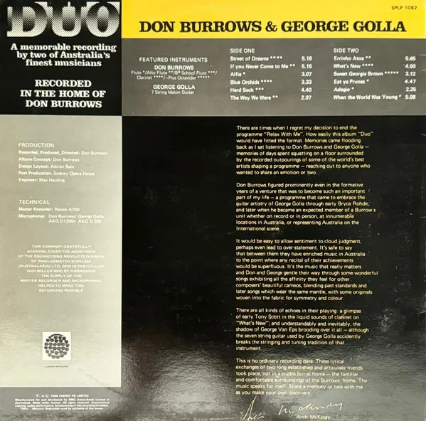 Don Burrows•George Golla Duo - Duo, Jazz, 1988 - Cherry Pie, Australia, Vinyl 1x LP, Album