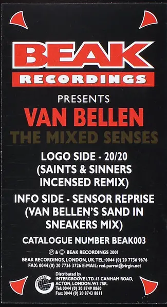 Van Bellen - The Mixed Senses, Electronic, Progressive House, 2001 - Beak Recordings, UK, Vinyl 1x 12", 33 ⅓ RPM, 45 RPM