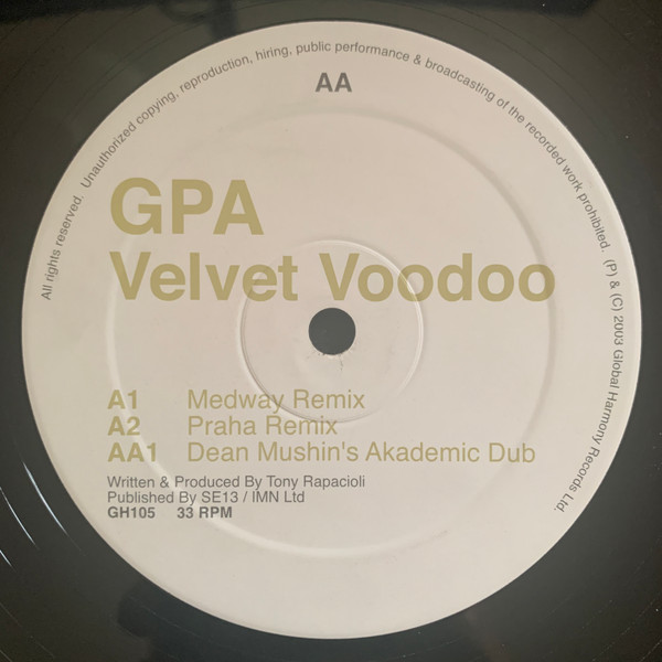GPA - Velvet Voodoo, Electronic, Breakbeat, Progressive House, Progressive Trance, 2003 - Global Harmony, UK, Vinyl 1x 12", 3