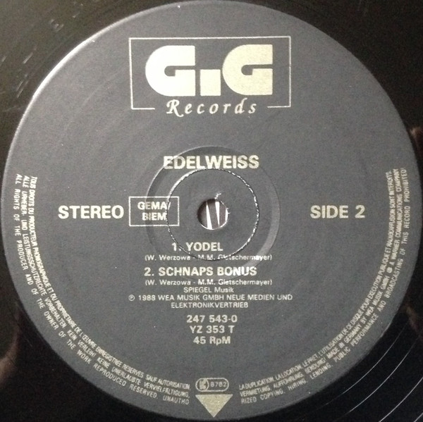 Edelweiss - Bring Me Edelweiss, Electronic, Euro House, House, 1988 - GiG Records, UK, Vinyl 1x 12", 45 RPM P.R. Records Pres