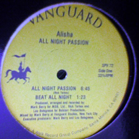 Alisha - All Night Passion, Electronic, Electro, Freestyle, 1986 - Vanguard, US, Vinyl 1x 12", 33 ⅓ RPM, Repress