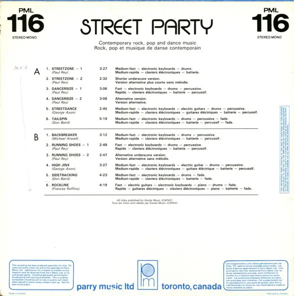 Various - Street Party, Electronic, Stage & Screen, Score, 1985 - Parry Music Ltd, Canada, Vinyl 1x LP