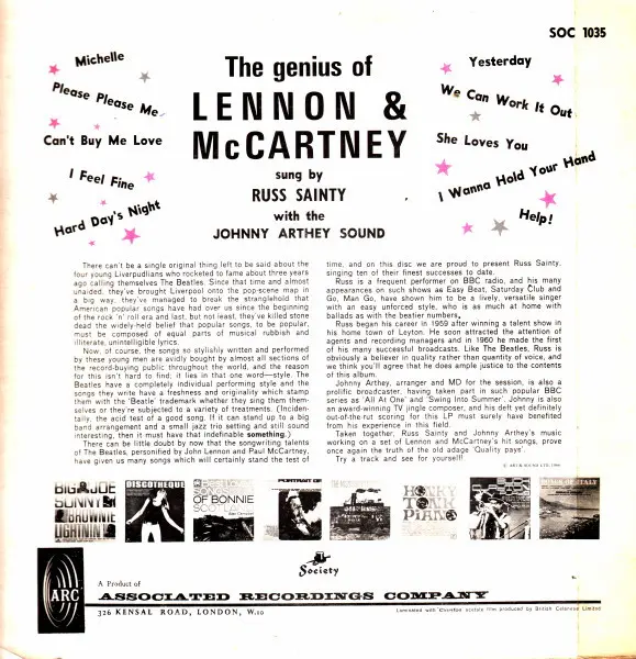 Russ Sainty With Johnny Arthey Orchestra - The Genius Of Lennon & McCartney - 1967 - Beat, Pop Rock - Saga Soc, Society - Vin