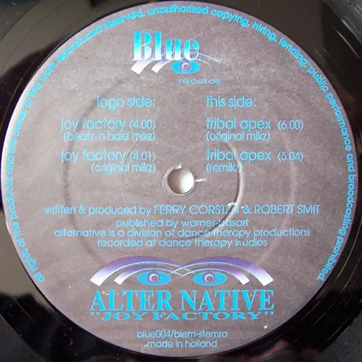 Alter Native - Joy Factory, Electronic, Hard House, Tribal House, 1995 - Blue Records, Netherlands, Vinyl 1x 12", 33 ⅓ RPM