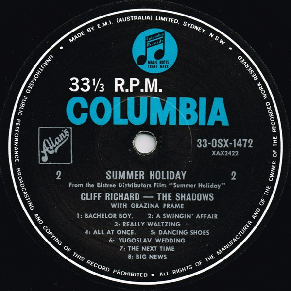 Cliff Richard & The Shadows - Summer Holiday, Pop, Rock, Stage & Screen, Pop Rock, Soundtrack, 1963 - Columbia, Australia, Vi
