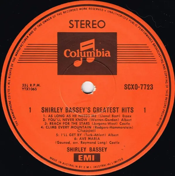 Shirley Bassey - Shirley Bassey's Greatest Hits, Pop, Ballad, Vocal, Columbia, Australia, Vinyl 1x LP, Compilation, Stereo