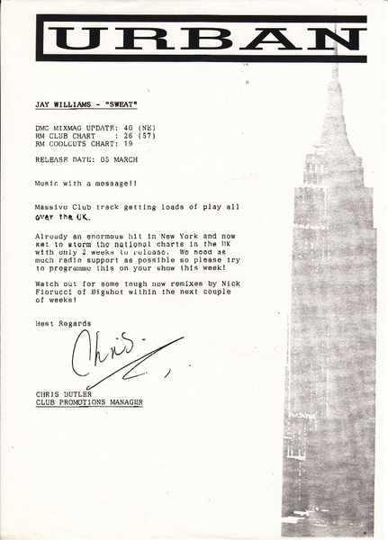 Jay Williams - Sweat, Electronic, Garage House, House, 1990 - Urban (2), UK, Vinyl 1x 12", 45 RPM