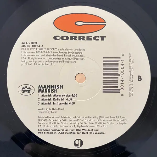 Mannish - Jive U The Mann / Mannish, Hip Hop, 1995 - Correct Records, US, Vinyl 1x 12"
