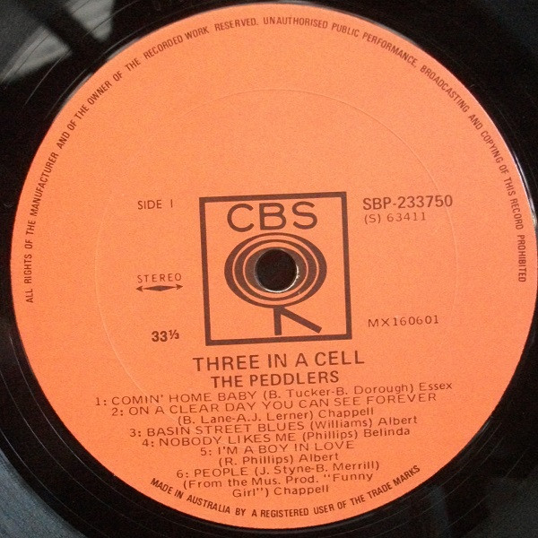 Peddlers, The - Three In A Cell, Jazz, Rock, Pop Rock, Soul-Jazz, 1968 - CBS, Australia, Vinyl 1x LP, Stereo