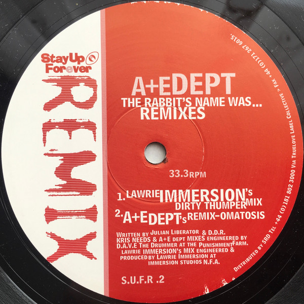 A+E Dept - The Rabbit's Name Was...  Remixes, Electronic, Acid, Techno, 1996 - Stay Up Forever Remix, UK, Vinyl 1x 12", 33 ⅓ 