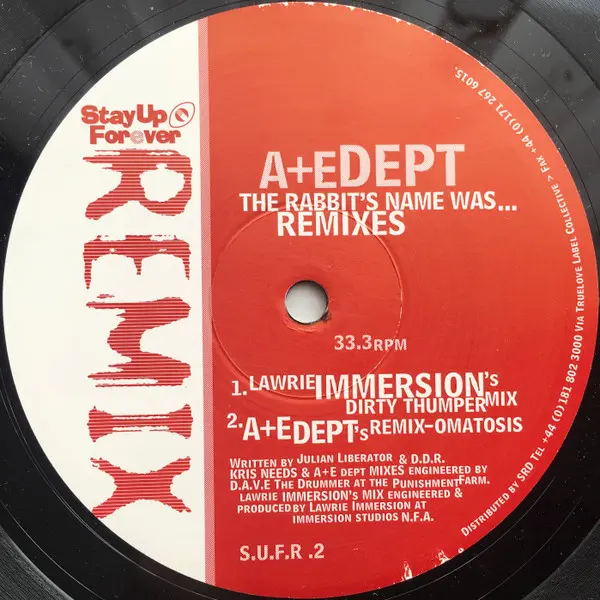 A+E Dept - The Rabbit's Name Was...  Remixes, Electronic, Acid, Techno, 1996 - Stay Up Forever Remix, UK, Vinyl 1x 12", 33 ⅓ 