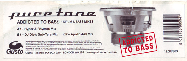 Puretone - Addicted To Bass (Drum & Bass Mixes), Electronic, Breakbeat, Breaks, Drum n Bass, 2001 - Gusto Records, UK, Vinyl 