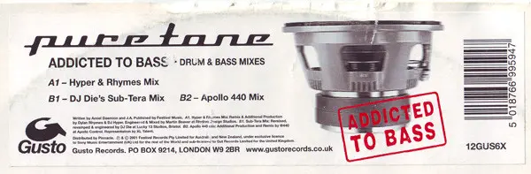Puretone - Addicted To Bass (Drum & Bass Mixes), Electronic, Breakbeat, Breaks, Drum n Bass, 2001 - Gusto Records, UK, Vinyl 