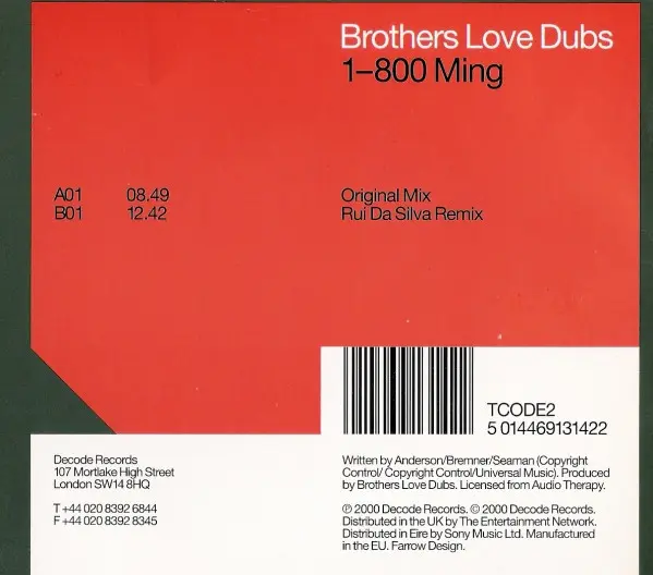 Brothers Love Dubs - 1-800 Ming, Electronic, Progressive Trance, 2000 - Decode Records, UK, Vinyl 1x 12"