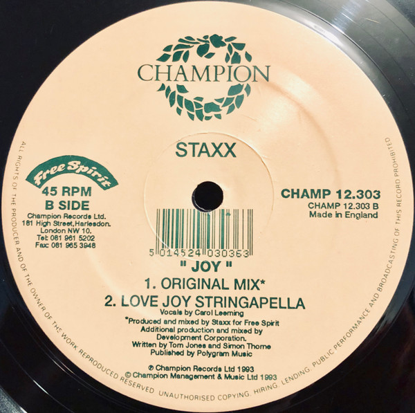 Staxx - Joy, Electronic, House, 1993 - Champion, Free Spirit Records (11), UK, Vinyl 1x 12", 45 RPM