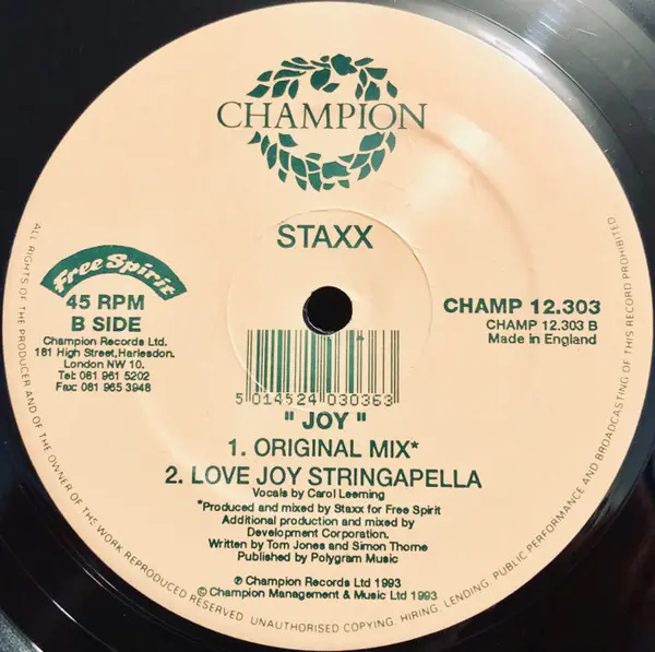 Staxx - Joy, Electronic, House, 1993 - Champion, Free Spirit Records (11), UK, Vinyl 1x 12", 45 RPM