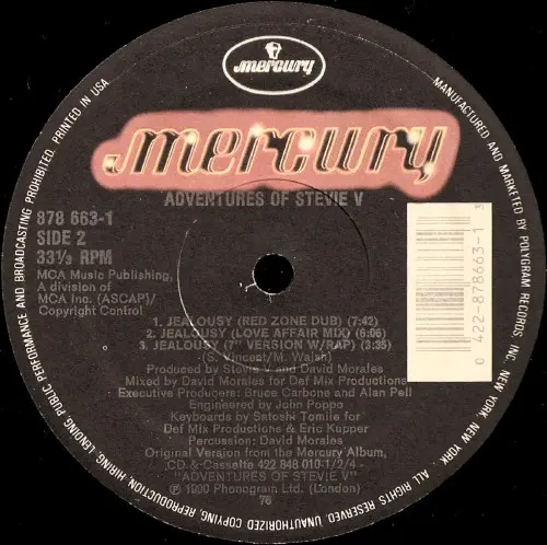 Adventures Of Stevie V. - Jealousy, Electronic, Hip-House, House, 1990 - Mercury, US, Vinyl 1x 12", 33 ⅓ RPM