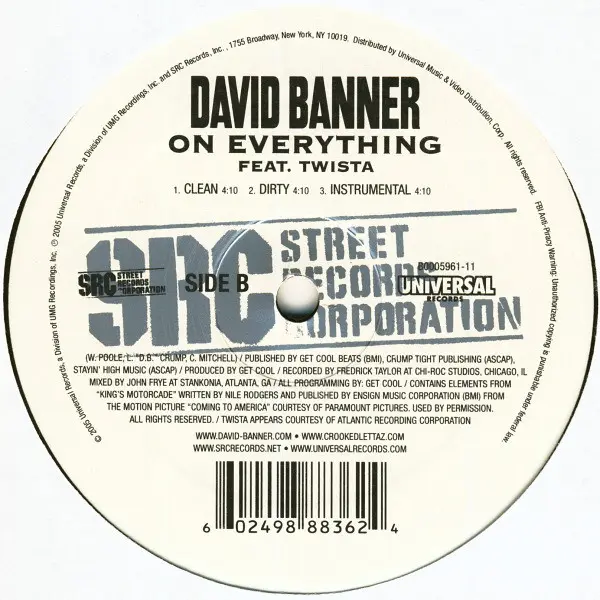David Banner - Touching / On Everything, Hip Hop, 2005 - Big Face Entertainment, Street Records Corporation, Universal Record