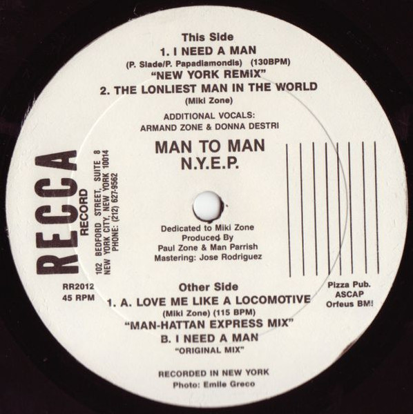 Man 2 Man - N.Y.E.P., Electronic, Hi NRG, Synth-pop, 1987 - Recca Records, US, Vinyl 1x 12", 45 RPM