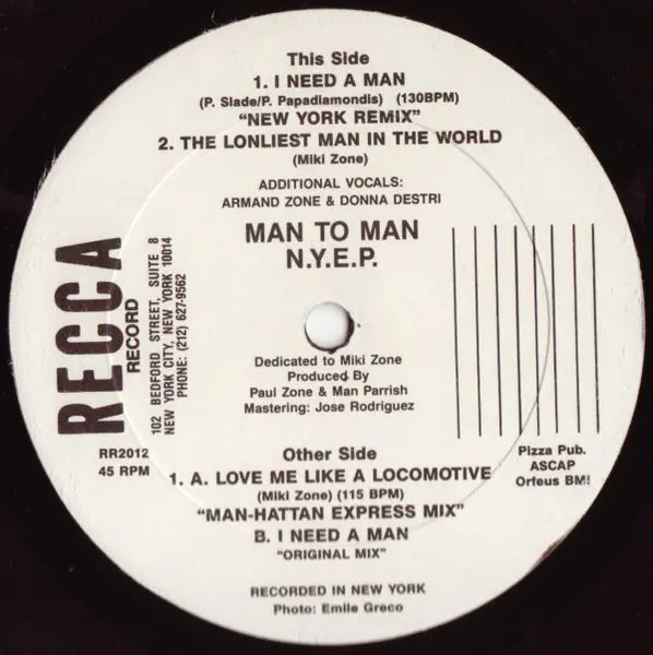 Man 2 Man - N.Y.E.P., Electronic, Hi NRG, Synth-pop, 1987 - Recca Records, US, Vinyl 1x 12", 45 RPM