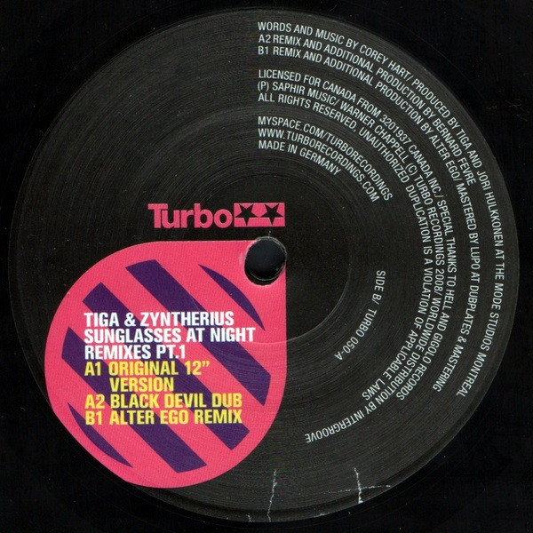 Tiga & Zyntherius - Sunglasses At Night Remixes Part 1, Electronic, Electro, Techno, 2008 - Turbo, Canada, Vinyl 1x 12", 33 ⅓