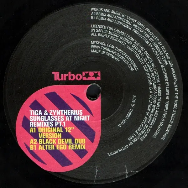 Tiga & Zyntherius - Sunglasses At Night Remixes Part 1, Electronic, Electro, Techno, 2008 - Turbo, Canada, Vinyl 1x 12", 33 ⅓