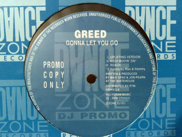 Greed - Gonna Let You Go, Electronic, Breakbeat, House, Techno, 1992 - Dance Zone Records, UK, Vinyl 1x 12", 33 ⅓ RPM, Single