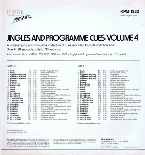 Remé Martin - Jingles And Programme Cues / Volume 4, Electronic, Funk / Soul, Jazz, Stage & Screen, Soundtrack, 1984 - KPM Mu