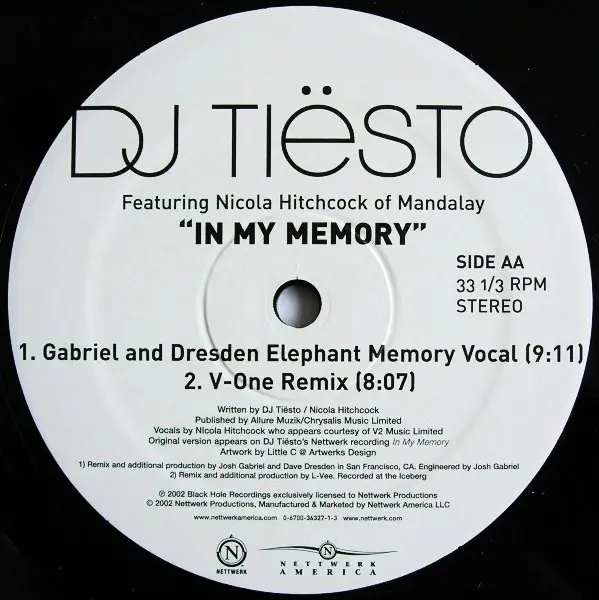 DJ Tiësto Featuring Nicola Hitchcock - In My Memory > Remixes, Electronic, Trance, 2002 - Nettwerk America, US, Vinyl 1x 12",