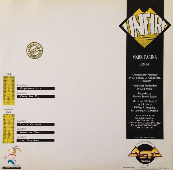 Mark Farina (2) - Gunfire, Electronic, Eurobeat, Hi NRG, 1990 - Asia Records, Italy, Vinyl 1x 12", 45 RPM
