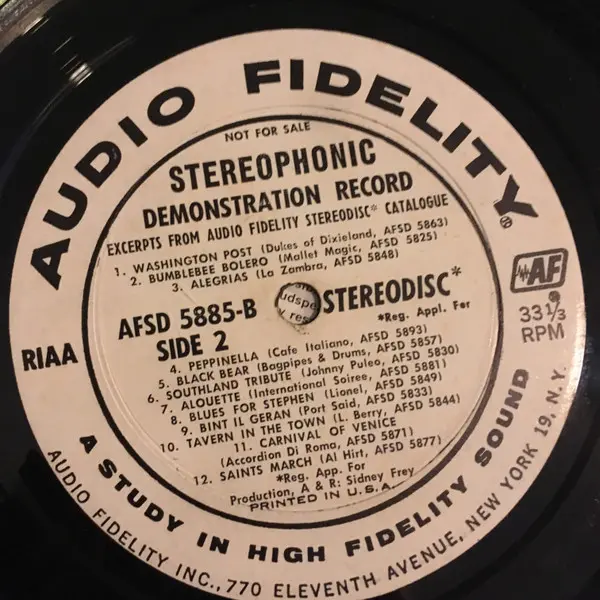 Various - Stereophonic Demonstration Record, Blues, Folk, World, & Country, Jazz, Stage & Screen, 1958 - Audio Fidelity, US, 