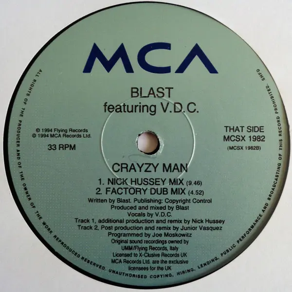 Blast Featuring V.D.C. - Crayzy Man (12" Remix), Electronic, House, 1994 - MCA Records, UK, Vinyl 1x 12", 33 ⅓ RPM, Single