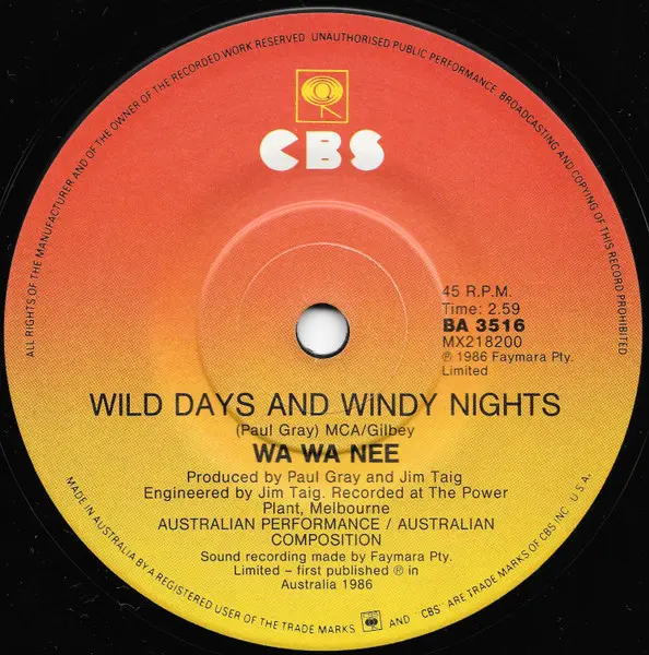 Wa Wa Nee - Sugar Free, Electronic, Pop, Synth-pop, 1986 - CBS, Australia, Vinyl 1x 7", Single, 45 RPM