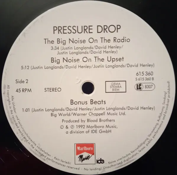 Pressure Drop - Big Noise, Electronic, Acid Jazz, Breakbeat, 1992 - Marlboro Music, Germany, Vinyl 1x 12", 45 RPM