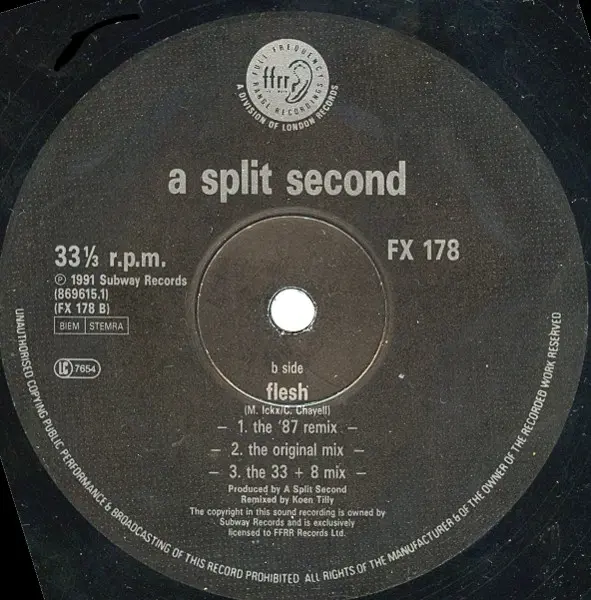 A Split - Second - Flesh (31 Minutes Of Belgium Hardcore Madness), Electronic, EBM, Hardcore, New Beat, Techno, 1991 - FFRR, 