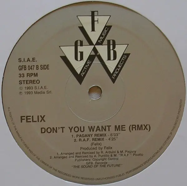 Felix - Don't You Want Me (Rmx), Electronic, House, 1993 - GFB Records, Italy, Vinyl 1x 12", 33 ⅓ RPM, Stereo