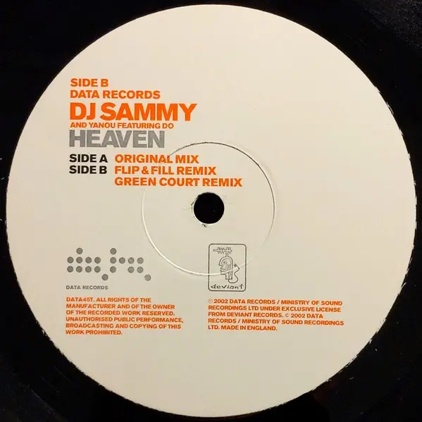 DJ Sammy And Yanou Featuring Do - Heaven, Electronic, Trance, 2002 - Data Records, UK, Vinyl 1x 12", 33 ⅓ RPM
