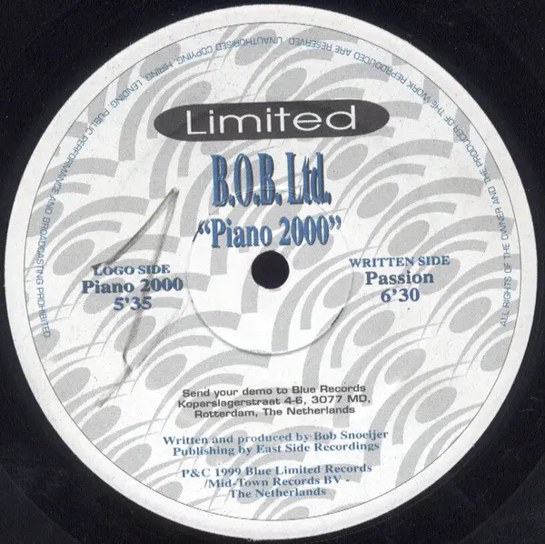 B.O.B. Ltd. - Piano 2000, Electronic, Hard House, 1999 - Blue Limited, Netherlands, Vinyl 1x 10"